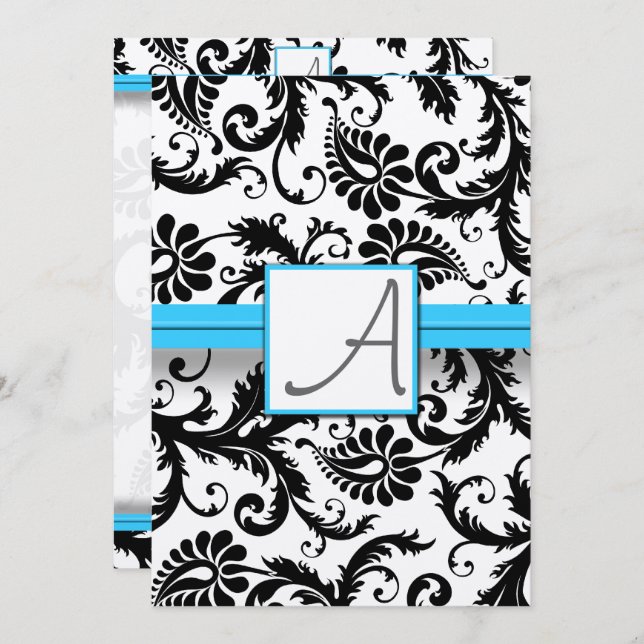 Convite Black Damask Swirls Bright Aqua Raed Trim (Frente/Verso)