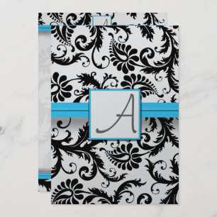 Convite Black Damask Swirls Bright Aqua Raed Trim