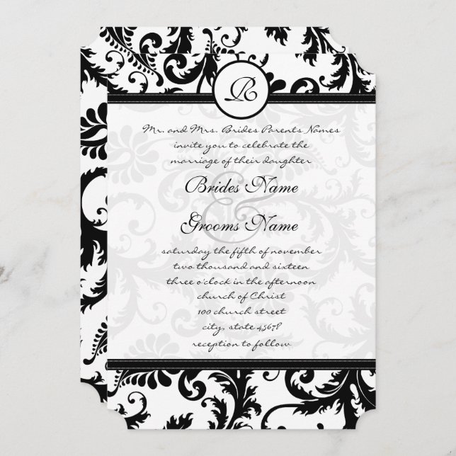 Convite Black Damask Swirls com Dots Weding Invitation (Frente/Verso)