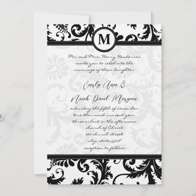 Convite Black Damask Swirls com Dots Weding Invitation (Frente)