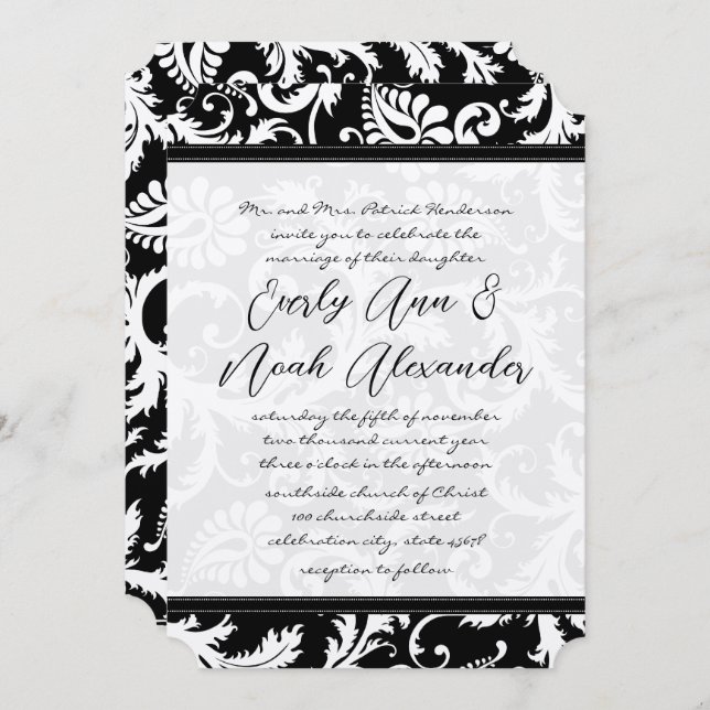 Convite Black Damask Swirls com Dots Weding Invitation (Frente/Verso)