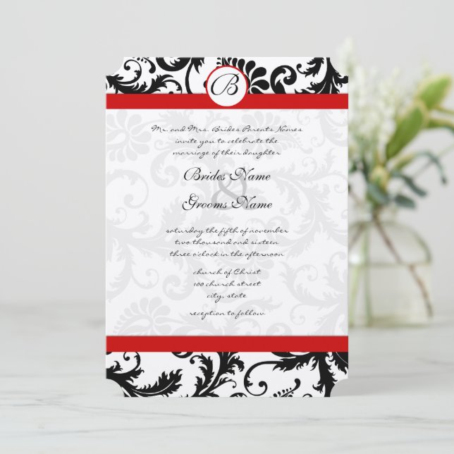 Convite Black Damask Swirls Red Trim Invitation (Em pé/Frente)