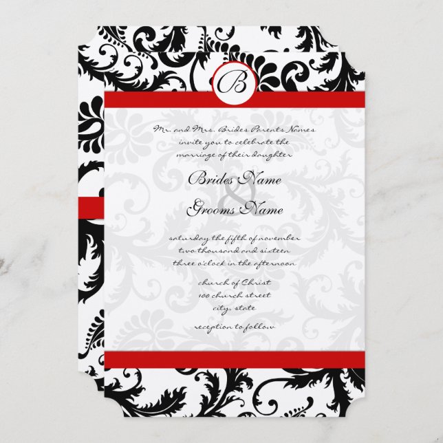 Convite Black Damask Swirls Red Trim Invitation (Frente/Verso)