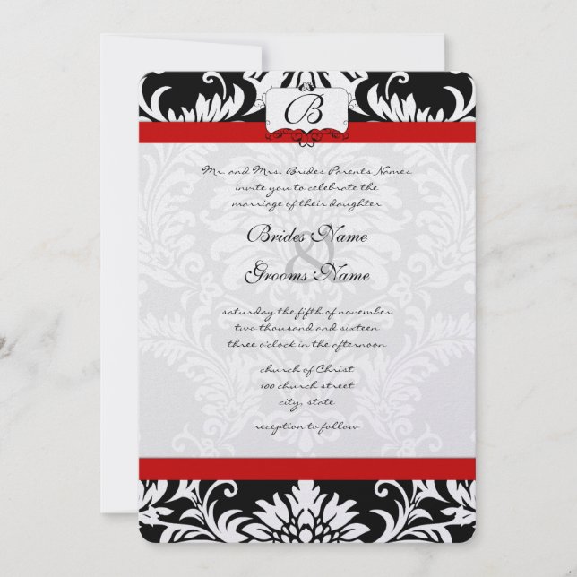 Convite Black Damask Swirls Red Trim Invitation (Frente)