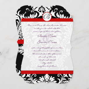 Convite Black Damask Swirls Red Trim Purple Font Wedt