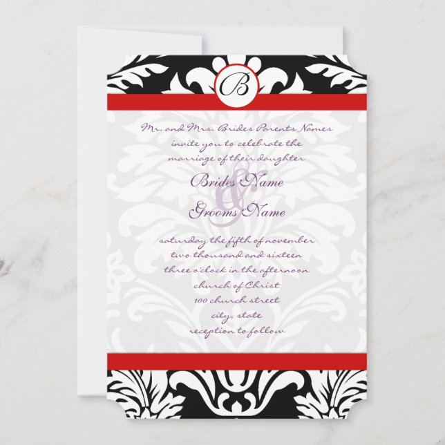 Convite Black Damask Swirls Red Trim Purple Font Wedt (Frente)