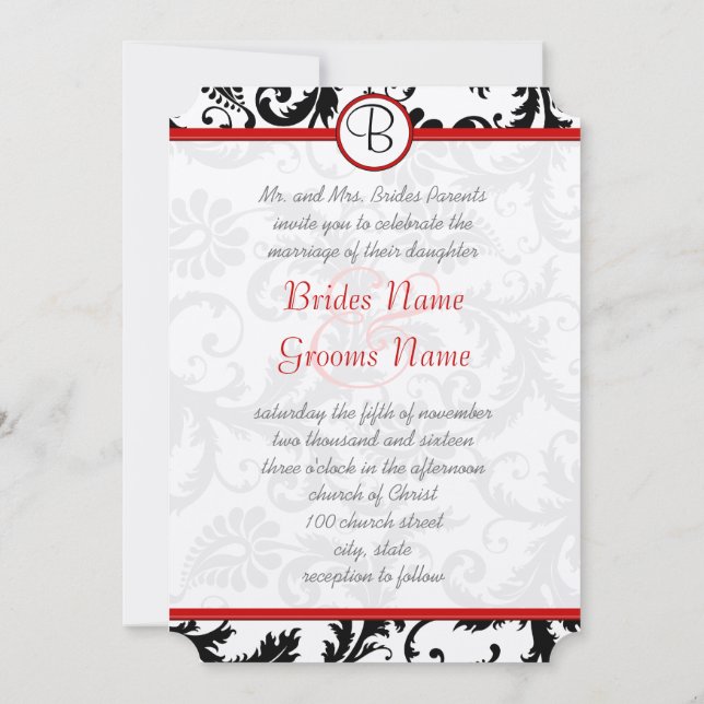Convite Black Damask Swirls Red Trim Wedding Invitations (Verso)