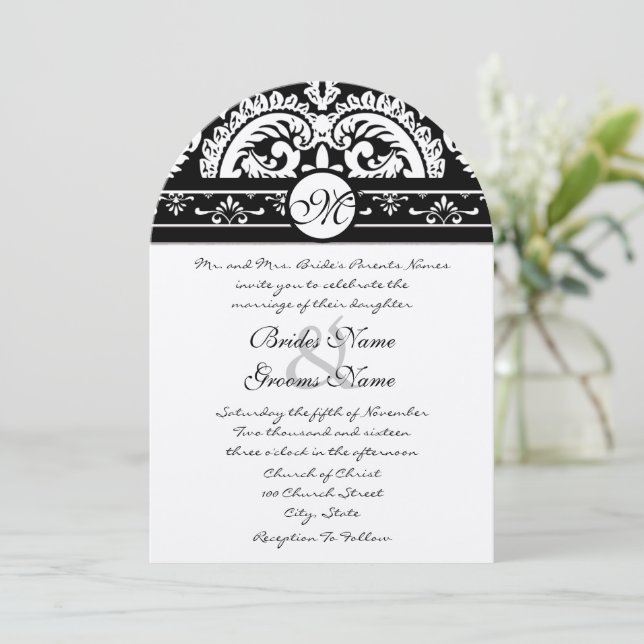 Convite Black Damask Swirls Square Weditation (Em pé/Frente)