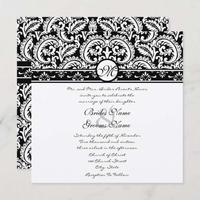 Convite Black Damask Swirls Square Weditation (Frente/Verso)