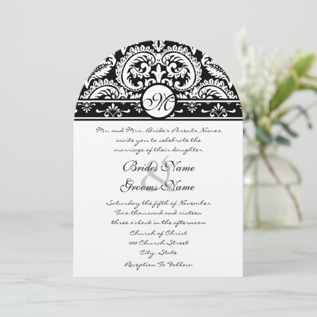 Convite Black Damask Swirls Square Weditation (Em pé/Frente)