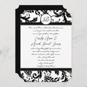 Convite Black Damask Swirls with Dots Wedding Invitation