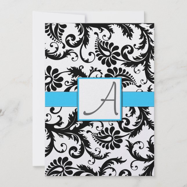 Convite Black Damask Swirts Light Bright Aqua Trim (Frente)