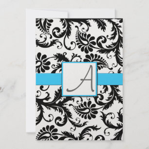 Convite Black Damask Swirts Light Bright Aqua Trim