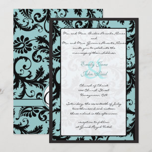 Convite Black Damask Teal Blue Wedding Invitation