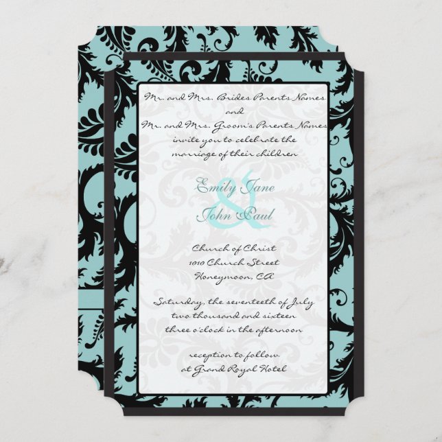 Convite Black Damask Teal Blue Wedding Invitation (Frente/Verso)
