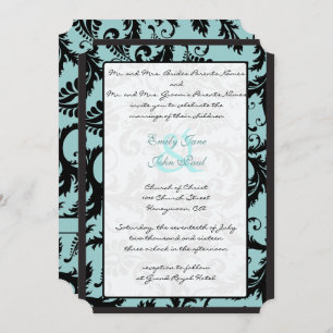Convite Black Damask Teal Blue Wedding Invitation