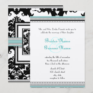 Convite Black Damask with Aqua Trim Wedding Invitation