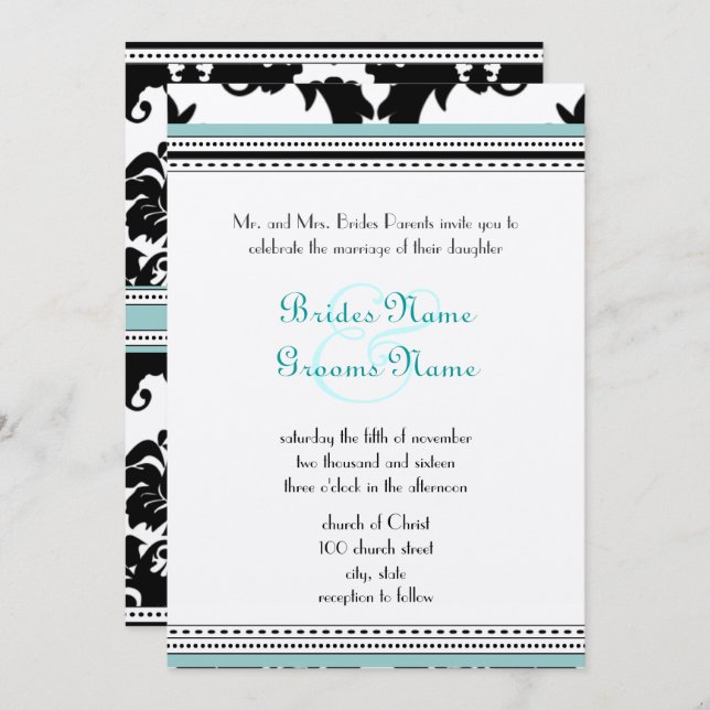Convite Black Damask with Aqua Trim Wedding Invitation (Frente/Verso)