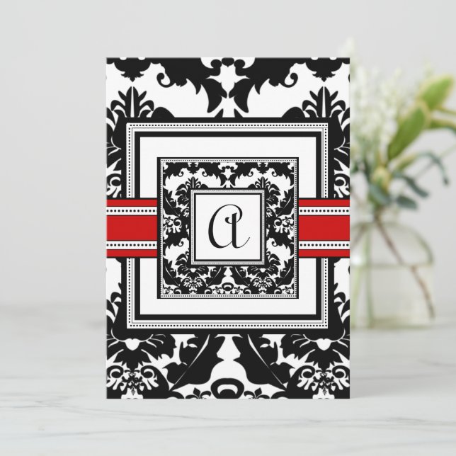 Convite Black Damask with Red Trim Wedding Invitation (Em pé/Frente)