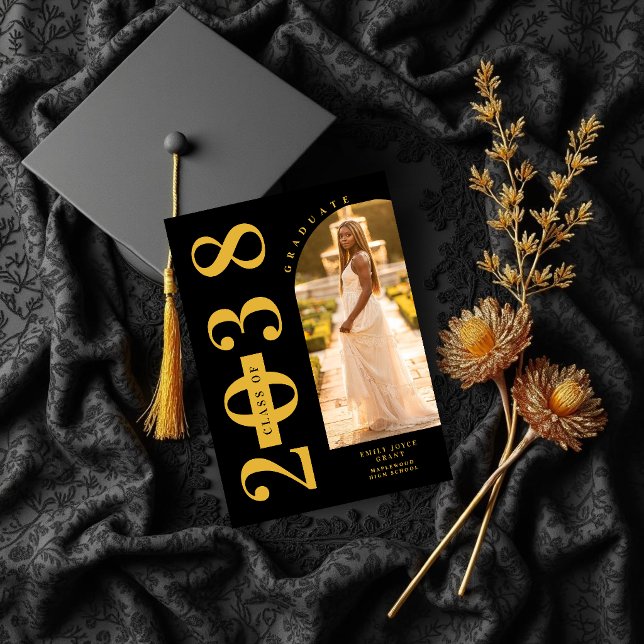 Convite Black Delicate Arch MInimalist Grad Golden (Black Delicate Arch Photo Minimalist Graduate Faux Gold Shades Photo Invitation Card Design.)