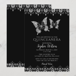 Convite Black Diamante Lace Butterflies Quinceañera