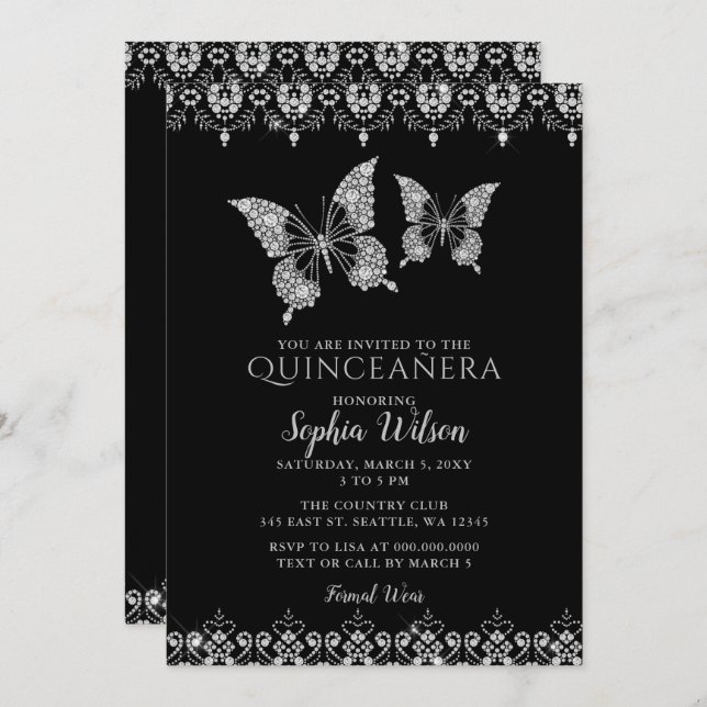 Convite Black Diamante Lace Butterflies Quinceañera (Frente/Verso)