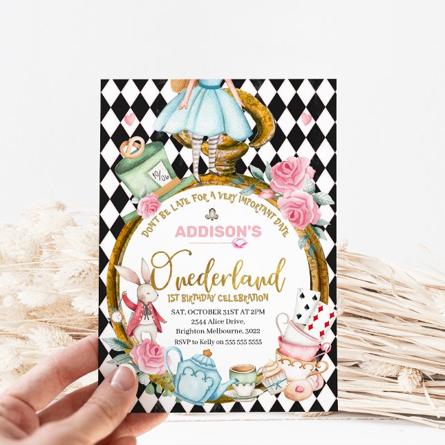 Convite Black Diamond Assiste Alice No Aniversário De Oned (Alice in Onederland 1st Birthday Invitation, Black Diamond Pattern, Large Watch, Alice One-derland)