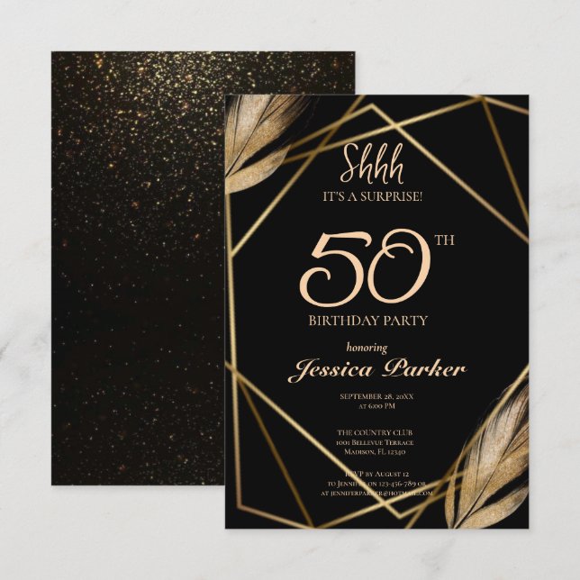 Convite Black Dourado Agate Surprise 50º aniversário (Frente/Verso)