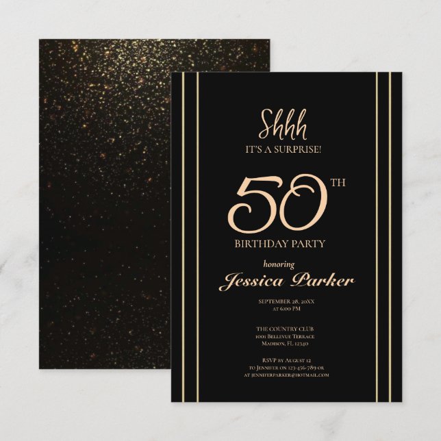 Convite Black Dourado Agate Surprise 50º aniversário (Frente/Verso)