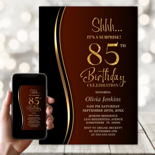 Convite Black Dourado Burnt Orange Surprise 85th Birthday (Criador carregado)