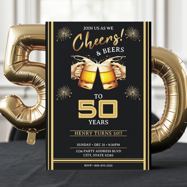 Convite Black & Dourado Cheers & Beers 50 anos 50 anos 50  (Criador carregado)
