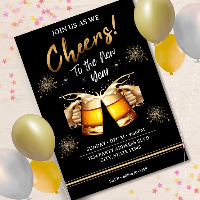 Convite Black & Dourado Cheers to Véspera de ano novo Part (Black & Gold Cheers to New Years Eve Party 2024 Invitation)
