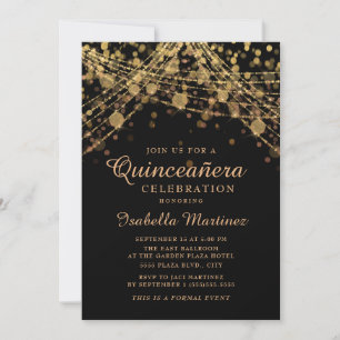Convite Black Dourado Glitter String Luz Quinceañera