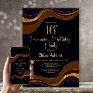 Convite Black Dourado Glitter Surpresa 16ª Festa de aniver