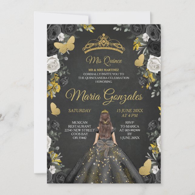Convite Black & Dourado Mexicano Charra Mis XV Anos Invite (Frente)