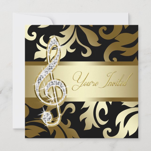 Convite Black Dourado Music Treble Clef Musical Event (Frente)
