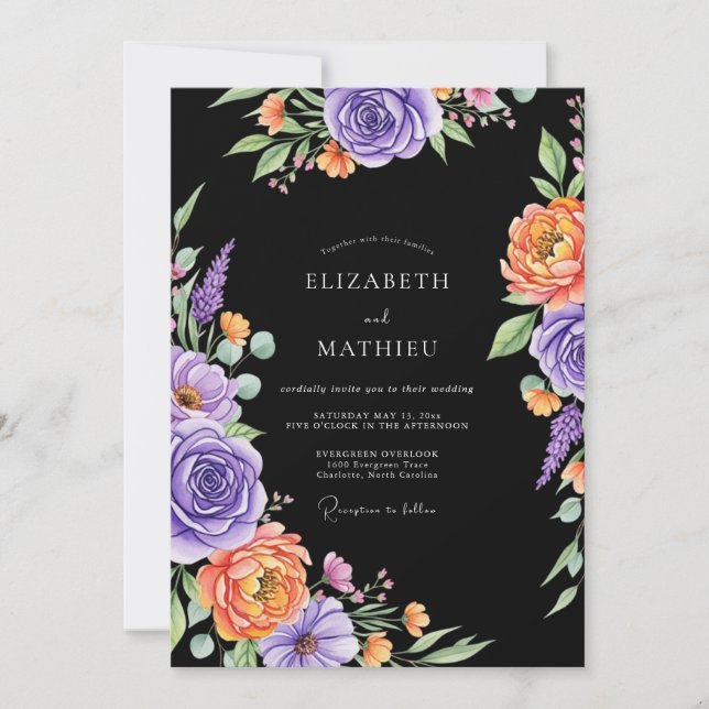 Convite Black Dramatic Floral Watercolor Wedding (Frente)