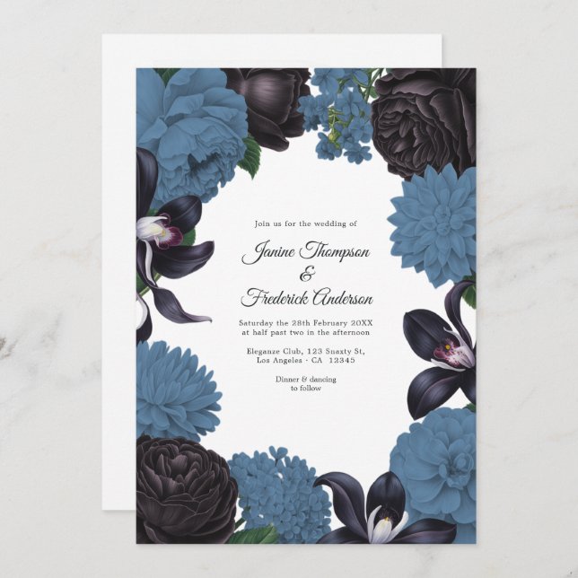 Convite Black & Dusty Blue Photo/QR Code Floral Wedding (Frente/Verso)