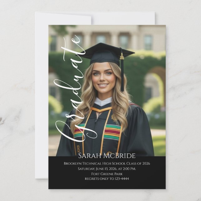 Convite Black Elegant script simple one photo graduation (Frente)