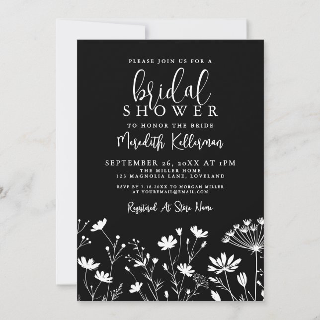 Convite Black Elegant Wildflower Bridal Shower (Frente)