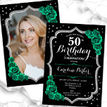 Convite Black Emerald Green Foto 50th Birthday<br><div class="desc">Elegante 50º convite de aniversário com sua foto no fundo do cartão. Glam Black e emerald green design com falso brilho prata. Apresenta rosas verdes, fonte de script e confetti. Perfeito para uma festa de comemoração de na moda adulto. Personalize com seus próprios detalhes. Pode ser personalizado para qualquer idade!...</div>