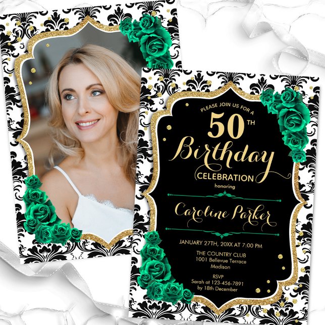 Convite Black Emerald Green Foto 50th Birthday (Criador carregado)