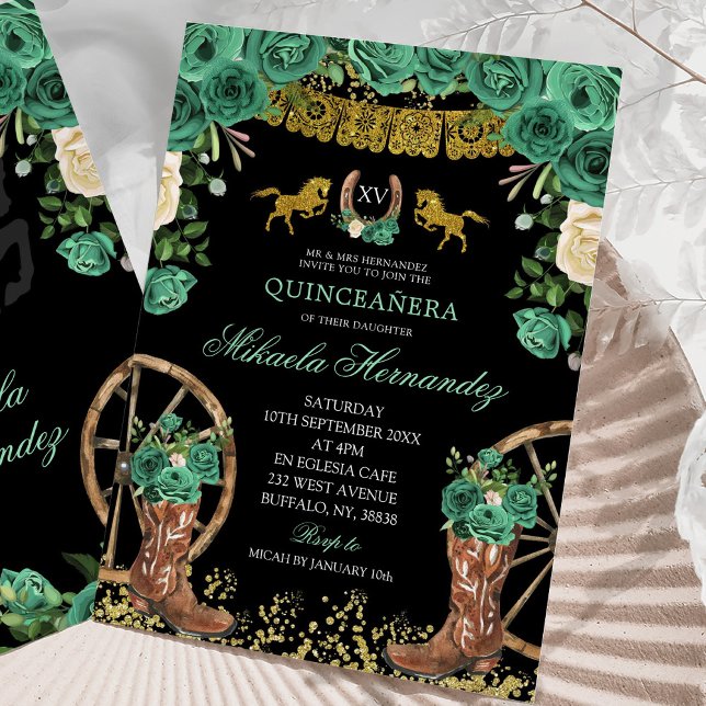 Convite Black Emerald Green Hunter Western Boots XV Años (Criador carregado)