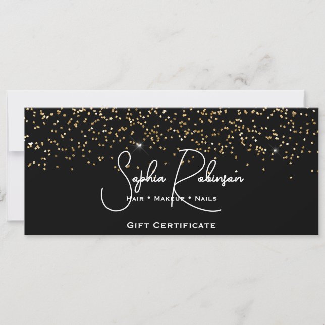 Convite Black & Faux Gold Glitter Gift Certificate Card (Frente)