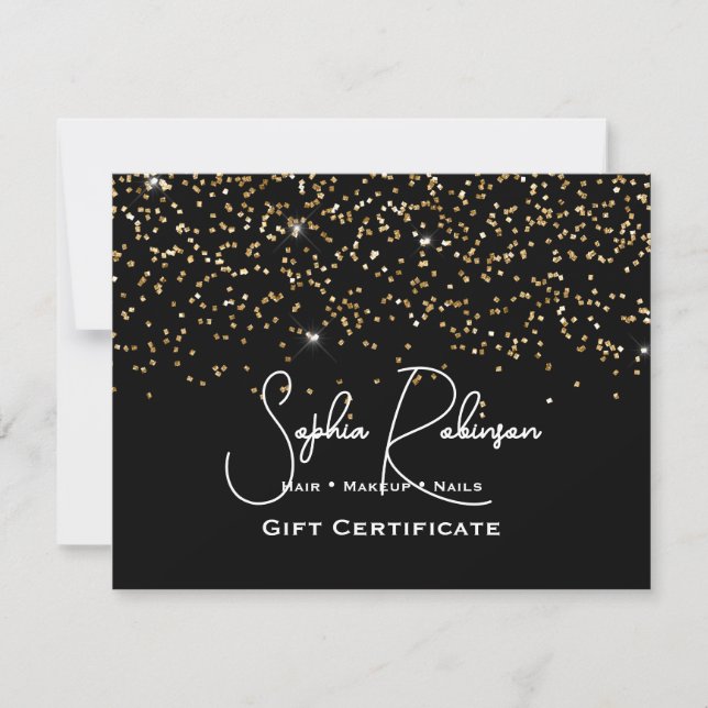 Convite Black & Faux Gold Glitter Gift Certificate Card (Frente)