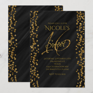Convite Black & Faux Gold Glitter Glamour SWEET 16 Dezesse