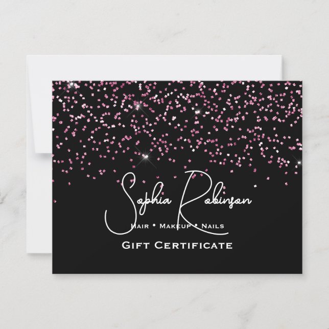 Convite Black & Faux Pink Glitter Gift Certificate Card (Frente)