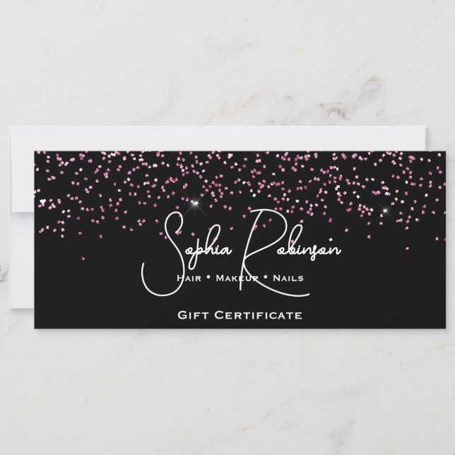 Convite Black & Faux Pink Glitter Gift Certificate Card (Frente)