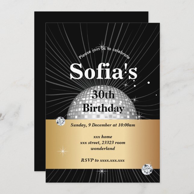 Convite BLACK, festa na discoteca, 70 anos, festa de dança (Frente/Verso)