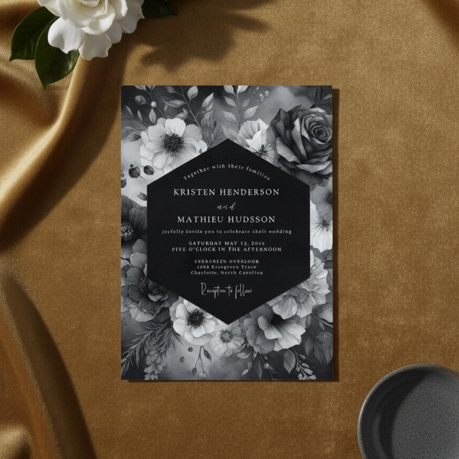 Convite Black Floral Dramatic Bloom Wedding (Criador carregado)